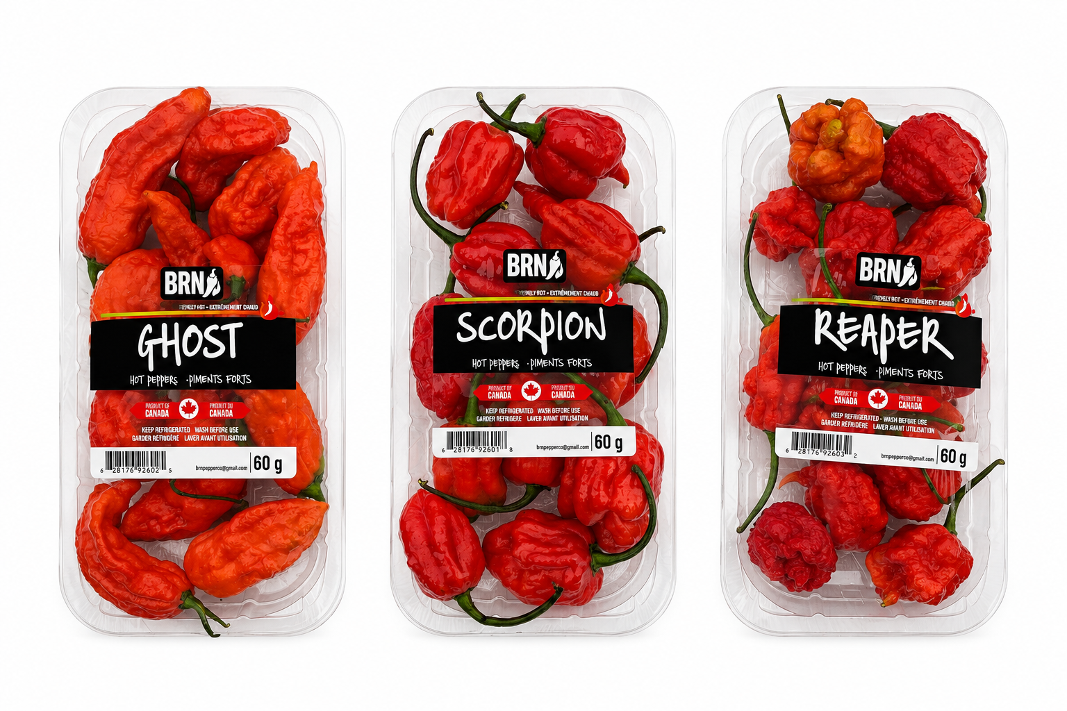 BRN Scorpion, Ghost, and Reaper peppers in branded overwrap retail trays